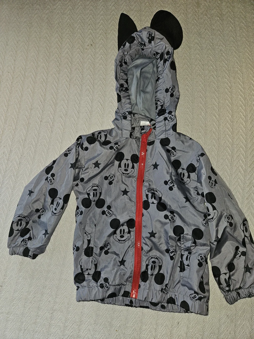 Disney Gray Mickey Mouse Hooded Windbreaker with Red Zipper